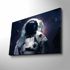 risnedsättning Canvastavla med LED-belysning - Astronaut i rymden omgiven av asteroider Mörkblå / Grå / Svart - Inredning