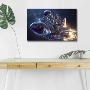 Lägg i varukorgen Canvastavla med LED-belysning - Astronaut på en futuristisk raket i rymden Mörkblå / Silver / Orange - Inredning