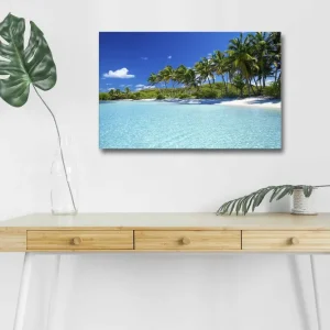 Kampanjpris Canvastavla med LED-belysning - Tropisk strand med palmer och klart vatten Blå / Grön / Vit - Inredning