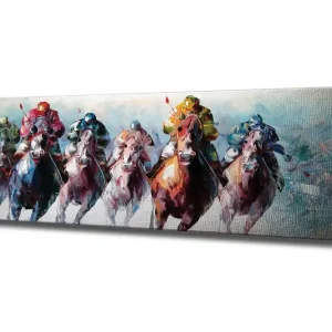 Canvastavla - Hästar i full galopp med jockeyer i färgglada kläder Röd / Grön / Blå - Inredning risnedsättning