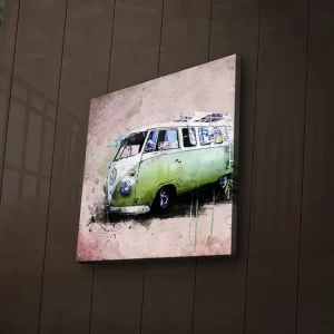 Canvastavla med LED-belysning 28x28 cm - Vintage Volkswagen skåpbil i grön nyans Grön / Rosa / Vit - Inredning Köp online