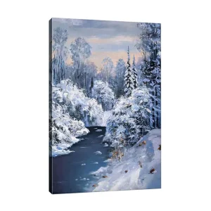 Canvastavla - Vinterlandskap med snöklädda träd och en frusen flod Vit / Blå / Grå - Inredning Snabb frakt