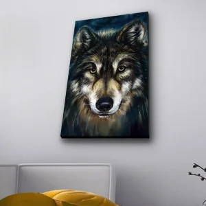 Canvastavla med LED-belysning - Porträtt av en varg med intensiva ögon Mörkbrun / Beige / Svart - Inredning Populärt val