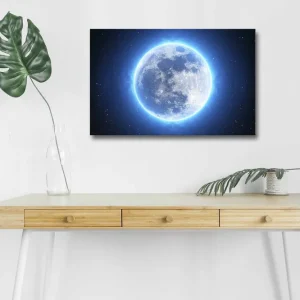 Canvastavla med LED-belysning - Luminös fullmåne omgiven av stjärnor Blå / Vit / Mörkblå - Inredning Kundfavorit
