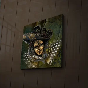 Canvastavla med LED-belysning 28x28 cm - Maskerad ansikte med detaljerad hatt och blommor Guld / Mörkblå / Grön - Inredning Reapris