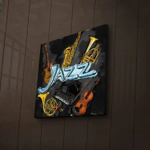 Canvastavla med LED-belysning 28x28 cm - Jazzinstrument i en livlig komposition Guld / Svart / Blå - Inredning Extra rabatt