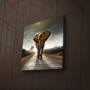 Rea Canvastavla med LED-belysning 28x28 cm - Elefant som går längs en väg i solnedgången Grå / Brun / Orange - Inredning