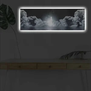 Fri frakt Canvastavla med LED-belysning - Rymdraket som lyfter genom molnig himmel Mörkgrå / Vit / Ljusblå - Inredning