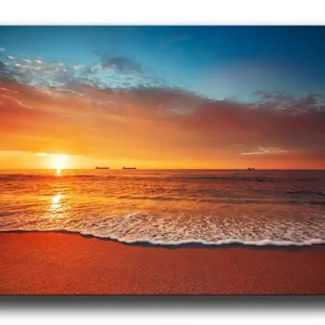 Canvastavla - Solnedgång över havet med mjuka vågor vid stranden Orange / Blå / Beige - Inredning Erbjudande