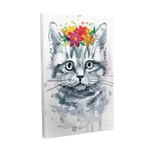 Snabb leverans Canvastavla - Katt med blommor på huvudet Grå / Rosa / Grön - Inredning