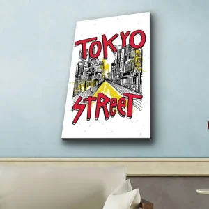 Canvastavla med LED-belysning - Illustration av en livlig gata i Tokyo med färgglada skyltar Röd / Gul / Svart - Inredning Billig