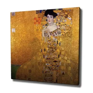 Canvastavla 45x45 cm - Porträtt av en kvinna i en gyllene klänning med dekorativa mönster Guld / Svart / Vit - Inredning Kundfavorit