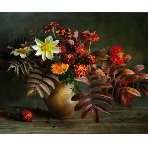 Expressleverans Canvastavla - Färgrik bukett av blommor i en keramikvas Röd / Orange / Grön - Inredning