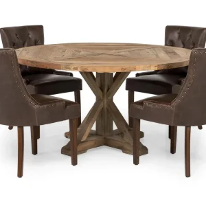 Bloomington Lyon Matgrupp 150 cm Rund med 4 Tuva Fåtölj Vintage Alm/Brun PU - Möbler Premium