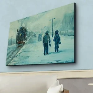 Handla nu Canvastavla med LED-belysning - Två personer som promenerar i snön under en dimmig himmel Blå / Vit / Grå - Inredning