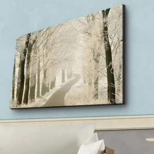 Canvastavla med LED-belysning - Frostig väg omgiven av snöklädda träd Vit / Grå / Svart - Inredning Kampanjpris