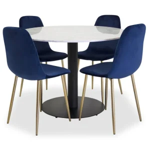 Venture Home Admira Matgrupp Rund Marmor med 4 Pontus Stol Sammet Vit/Svart/Blå/Mässing - Möbler Outlet