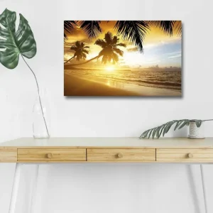Canvastavla med LED-belysning - Solnedgång över en tropisk strand med palmer Guld / Orange / Blå - Inredning Lägg i varukorgen