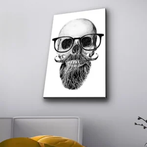 Canvastavla med LED-belysning - Skalle med glasögon och mustasch Svart / Grå / Vit - Inredning Expressleverans