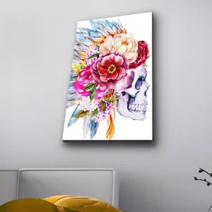 Fri frakt Canvastavla med LED-belysning - Skalle dekorerad med färgglada blommor och fjädrar Lila / Rosa / Grönt - Inredning
