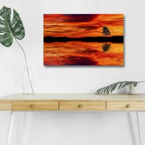 Canvastavla med LED-belysning - Solnedgång över stilla vatten med silhouett av ett ensamt träd Orange / Röd / Svart - Inredning Snabb frakt