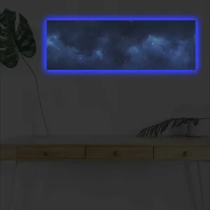 Canvastavla med LED-belysning - Stjärnspäckad natthimmel med mjuka molnformationer Mörkblå / Ljusblå / Svart - Inredning Sänkt pris