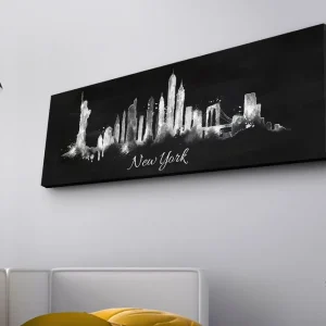 Billig Canvastavla med LED-belysning - Silhuett av New Yorks skyline i svart och vitt Svart / Vitt - Inredning