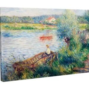 Premium Canvastavla - Avkopplande scen vid en sjö med en person i båt och omgivande grönska Grön / Blå / Beige - Inredning