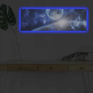 Canvastavla med LED-belysning - Storslagen rymdscen med en planet och en måne Mörkblå / Ljusblå / Vit - Inredning Rabatter