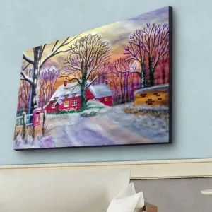 Extra rabatt Canvastavla med LED-belysning - Röd stuga omgiven av snöklädda träd och en vinterlandskap Röd / Vit / Lila - Inredning