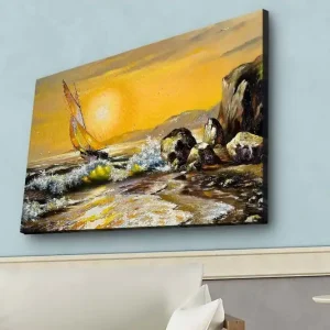 Canvastavla med LED-belysning - Segelbåt på en gyllene havshorisont Guld / Blå / Grön - Inredning Utförsäljning