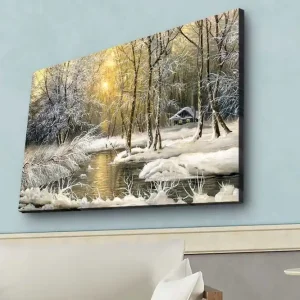 Canvastavla med LED-belysning - Vinterlandskap med snöklädda träd och en stilla å Vit / Ljusblå / Grön - Inredning Kampanj