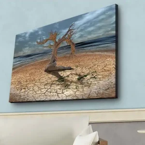 Bästa pris Canvastavla med LED-belysning - Dött träd på en sprucken jordyta vid havet Brun / Grå / Blå - Inredning
