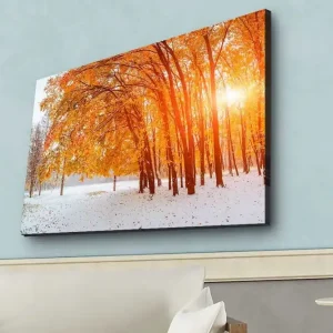 Populärt val Canvastavla med LED-belysning - Gyllene höstskog med solstrålar som strålar genom träden Orange / Guld / Vit - Inredning