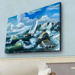 Endast idag Canvastavla med LED-belysning - Segelbåt som kämpar mot kraftiga vågor Blå / Grön / Vit - Inredning