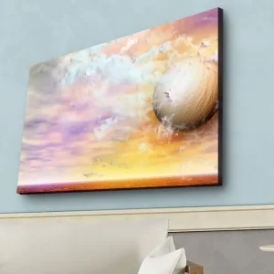 Canvastavla med LED-belysning - Drömlik landskap med en stor planet och färgglada moln Lila / Orange / Beige - Inredning Snabb frakt