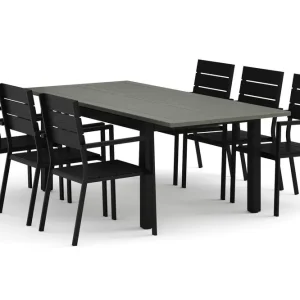 Begränsat antal Monaco utomhus matgrupp förlängningsbart 150-250x90 med 6 Tunis stapelstolar - Utemöbler