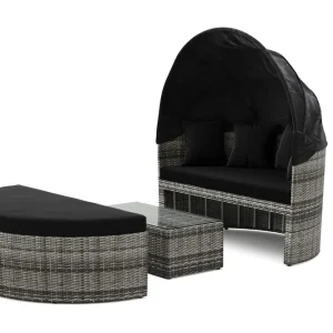 Snabb frakt Comfort Garden Florens Rund dubbel Solsäng med tak - Soffbord med glasskiva i konstrotting Grå - Utemöbler & utemiljö