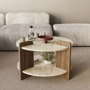 Endast denna vecka Cindral Soffbord 70 cm Rund Travertin Och Valnöt - Möbler