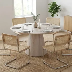 Fri frakt Bark Siena Matgrupp runt 150 cm Vitlaserad med 6 Build Matstolar Vitlaserad/Natur/krom - Möbler